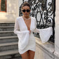Elegant White Party Dress Sexy Deep V Flared Long Sleeve Short Dresses for Women Going Out Night Club Outfits