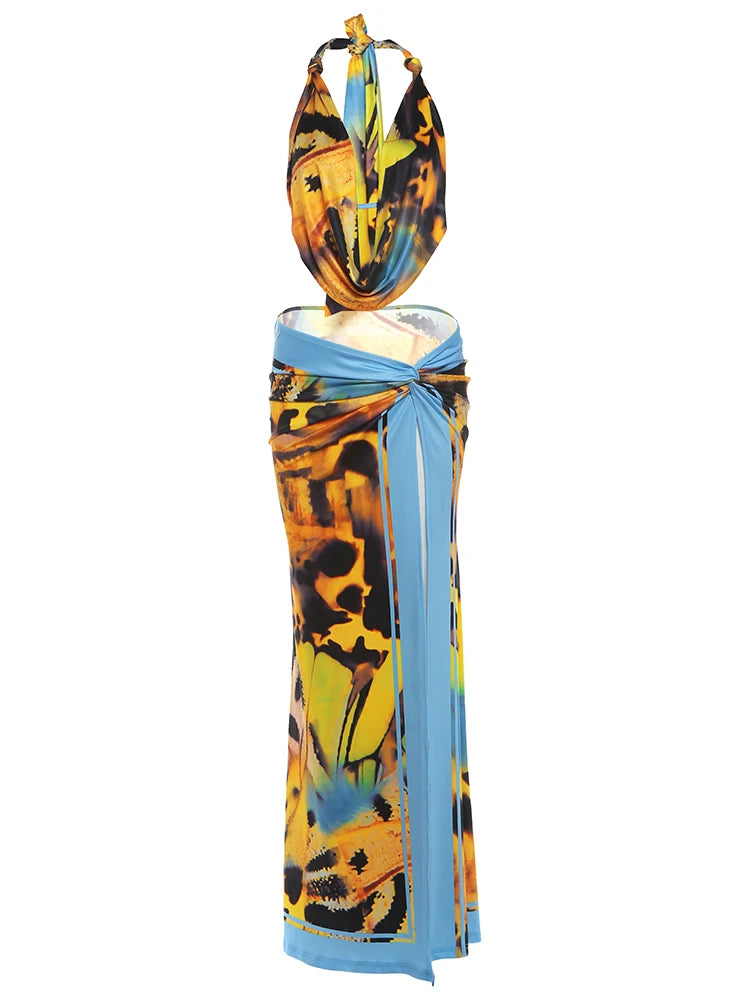 Colorful Print 2 Piece Set Woman Halter Swing Collar Bakcless Tank Tops+High Splits Long Skirts Sexy Fashion Suits