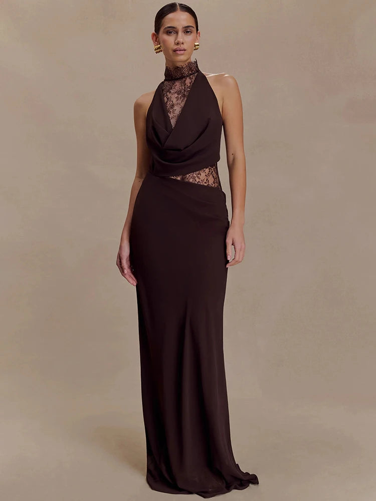 Lace Hollow Out Backless Sexy Maxi Dress Women Gown Elegant Sleeveless High Waist Ruched Bodycon Club Party Long Dress