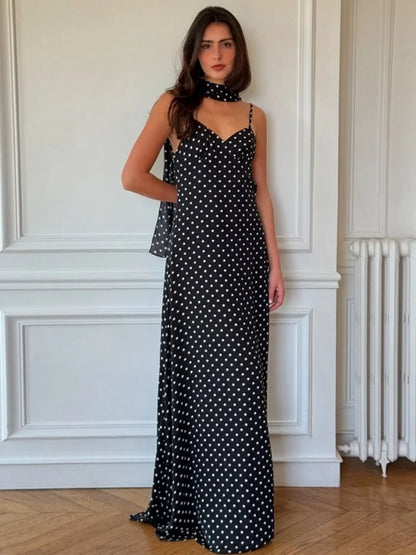 Polka Dot Print Sexy Deep V Neck Backless Maxi Dresses French Style Elegant Summer Dress Woman Clothing