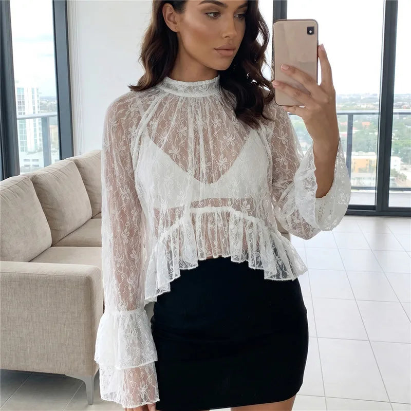 Women's Sheer Shirts Flare Long Sleeve Mock Neck Lace Floral Tops Fashion Ruffled Peplum Hem Cropped Blouse Streetwear