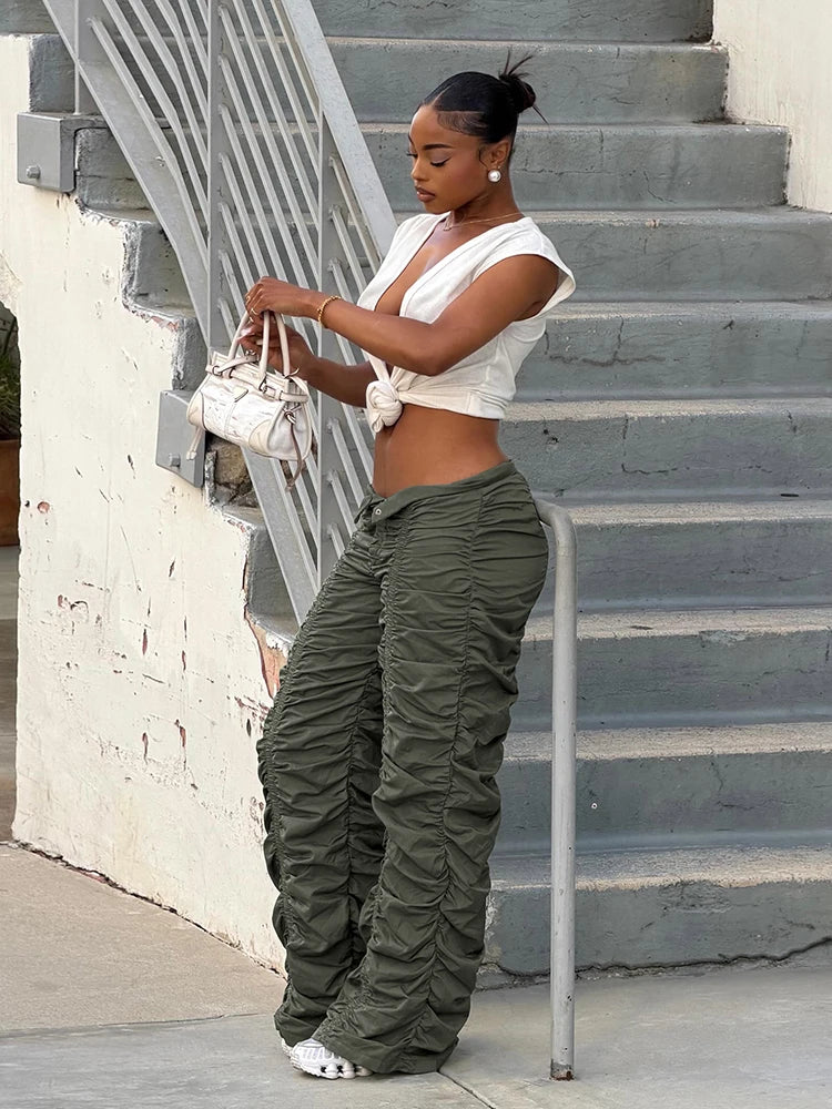 Casual Fashion Long Pants Woman Button Low-Waist Folds Design Hot Girls High Street Versatile Style Classic Buttoms