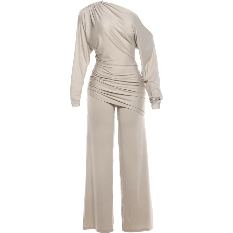 Leisure Elegant 2 Piece Set Women Trend Simple Skew Collar Full Sleeve T-Shirt+Patchwork Ruched Wide-Leg Pant Street Suit
