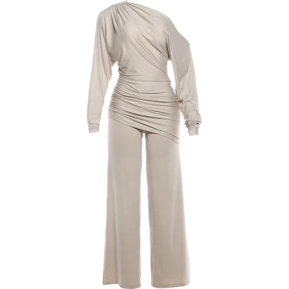 Leisure Elegant 2 Piece Set Women Trend Simple Skew Collar Full Sleeve T-Shirt+Patchwork Ruched Wide-Leg Pant Street Suit