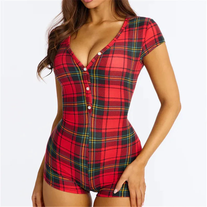Holiday Xmas Stripe Tartan Romper Ladies Deep V Henley Button Front Short Sleeve Stretch Skinny Sleep Short Jumpsuit