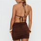 Women Brown Halter Mini Dress Beaded Neckline Open Back Ruched Bodycon Dress Sleeveless Tie Back Party Club Outfit