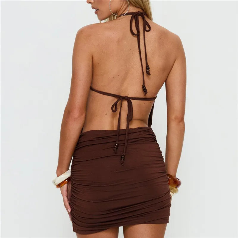 Women Brown Halter Mini Dress Beaded Neckline Open Back Ruched Bodycon Dress Sleeveless Tie Back Party Club Outfit
