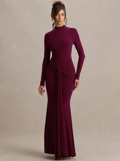 High Neck Long Sleeve Mermaid Maxi Dress Women Slim Ruched Waist Bodycon Floor Length Evening Party Formal Dress