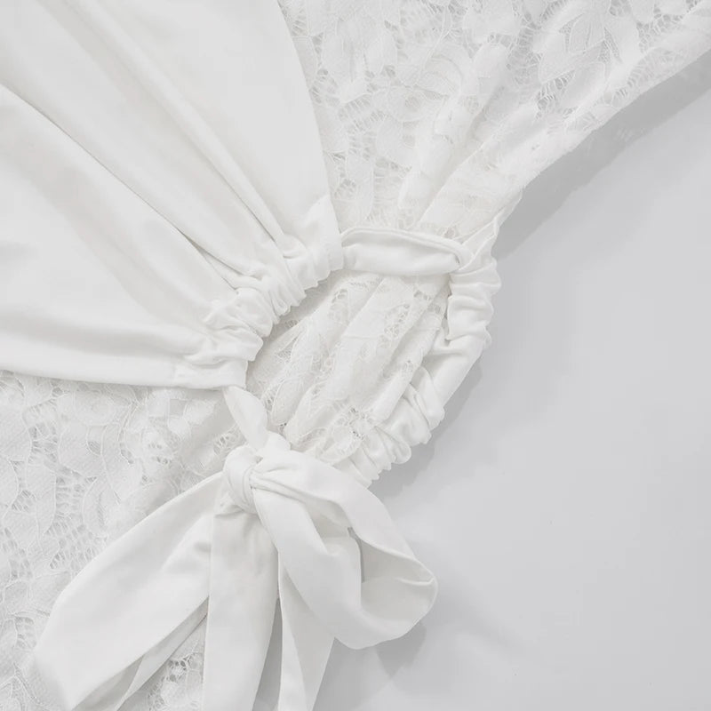 Mesh Patchwork Mini Dress Women Halter Low-Neck Backless Skinny Ruched Knot Ribbon Street Trend Wild Style Vestidos