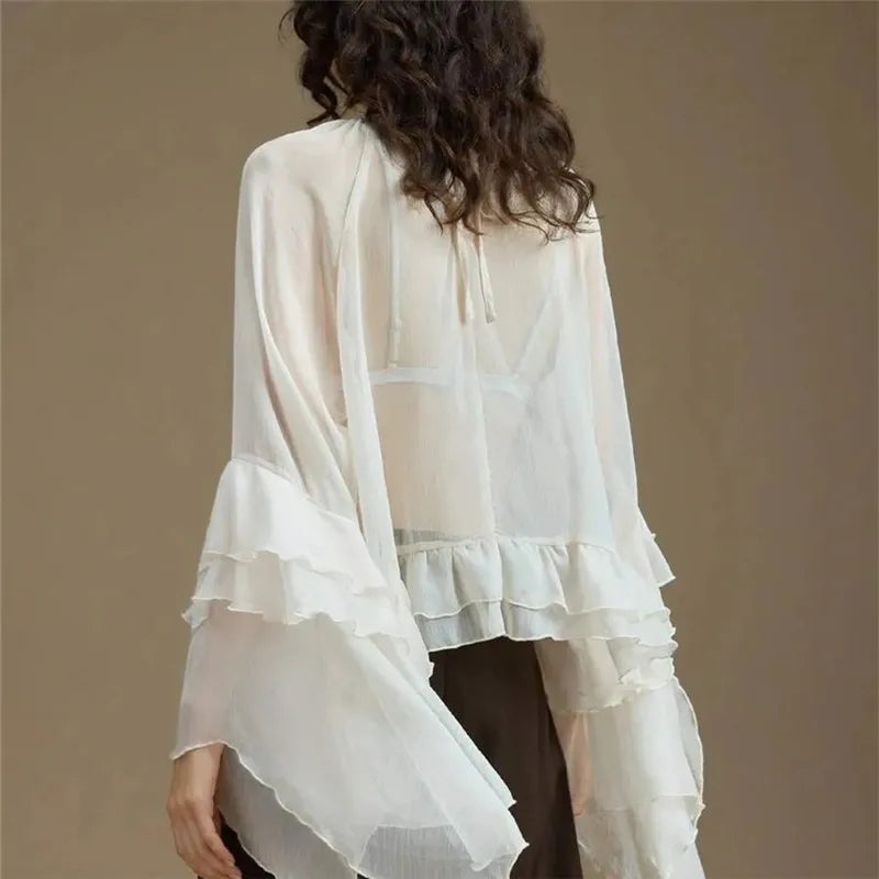 High Street Solid Color Ruffled Long Sleeve Loose Elegant Ladies Tops Shirt Women Sheer Chiffon Blouse Y2K Streetwear