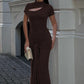 Hollow Out Short Sleeve Sexy Maxi Dress Women Brown Turtleneck Draped Ruched Bodycon Club Party Long Dresses Female