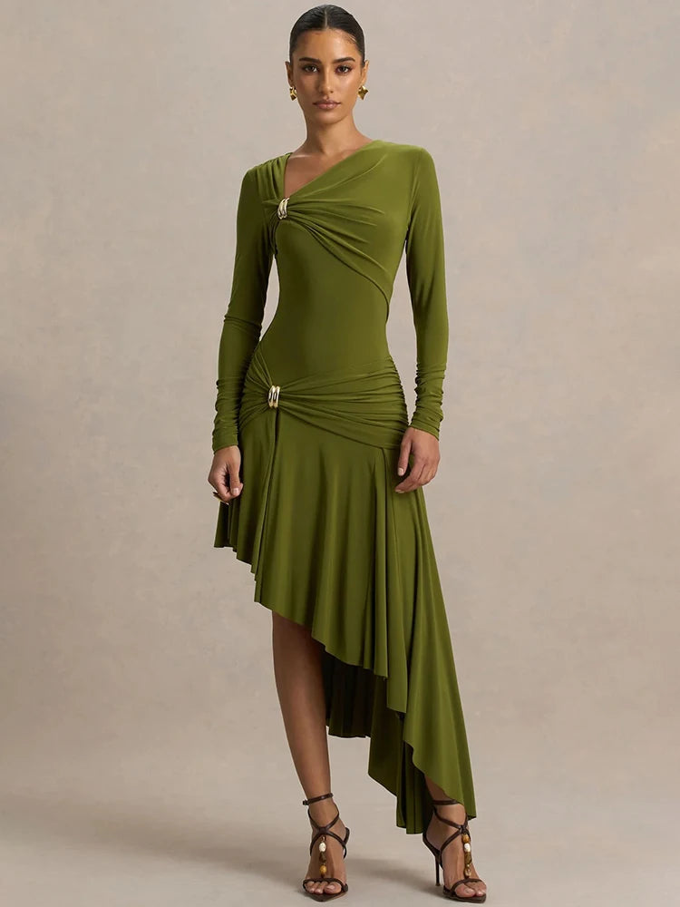 Irregular Long Sleeve Sexy Maxi Dress Women Gown Elegant Diagonal Collar Split Ruffle Ruched Club Party Long Dresses