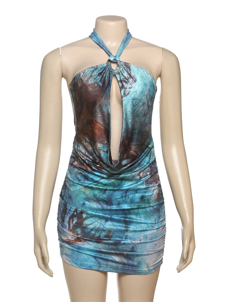 Fashion Print Dress Women Halter Hollow Metal Chains Patchwork Backless Sleeveless Vacation Trend Ruched Mini Bodycon