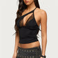 Women's Asymmetrical Halter Top Lace V-Neck Cutout Sleeveless Slim Fit Y2K Cropped Camisole for Party Night Out
