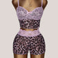 Lace Patchwork 2 Piece Set Women Leopard Mesh Hottie Bow Applique Low-Neck Tank Top+Shorts Fashion Beach Party Suits