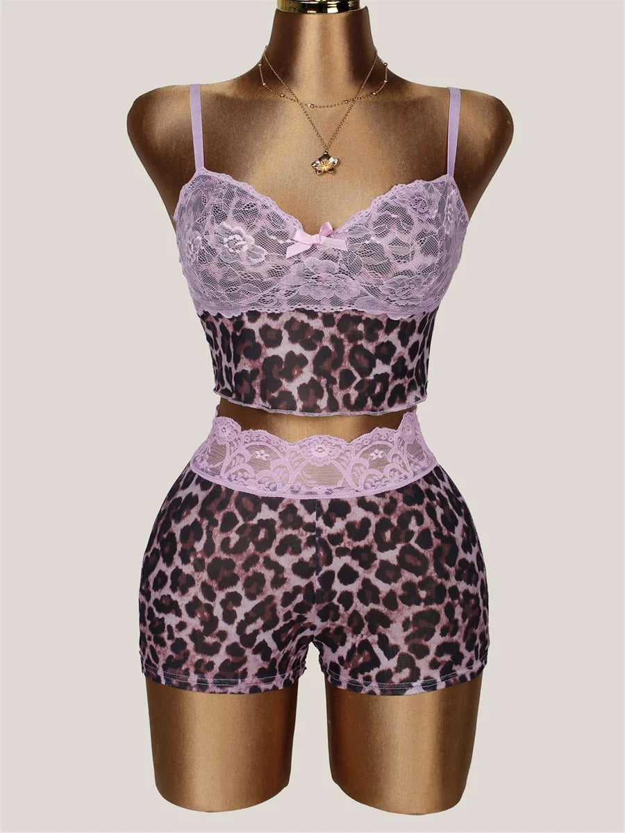 Lace Patchwork 2 Piece Set Women Leopard Mesh Hottie Bow Applique Low-Neck Tank Top+Shorts Fashion Beach Party Suits