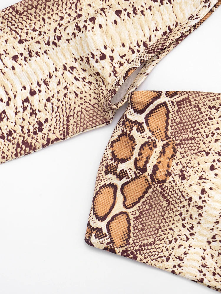 Hipster Snake Print 2-Piece Set Women Hollow Backless Chest Wrapped Crop Top+Leggings Sexy Stretch Clubwear Outfits