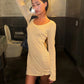 Trend Simple Dress Women Fashion Classic Low-Neck Full Sleeve Stretch Skinny Sexy Chic Party Street Peach Hip Bodycon