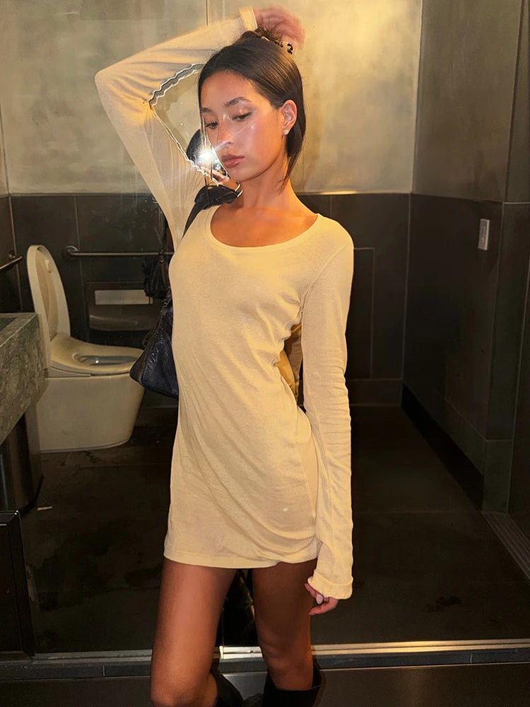 Trend Simple Dress Women Fashion Classic Low-Neck Full Sleeve Stretch Skinny Sexy Chic Party Street Peach Hip Bodycon