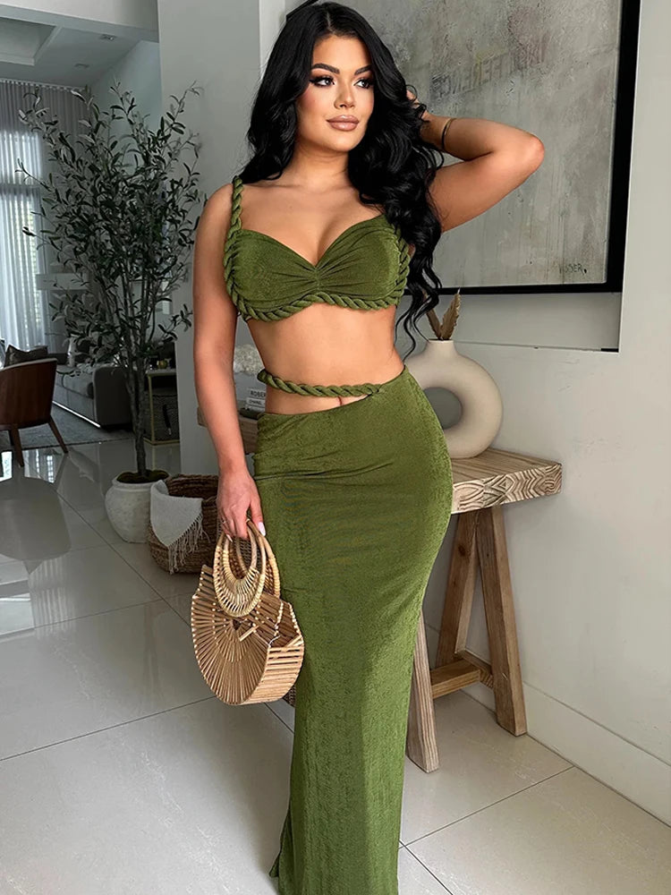 Velvet Y2K Sexy 2 Piece Set Women Vacation Ruched Plait Camisole+Hollow Skirts Bandage Beach Party Skinny Clubwear