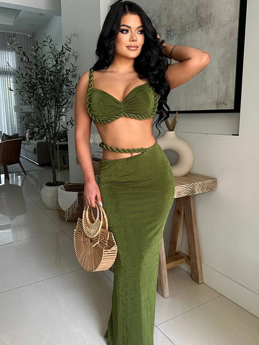 Velvet Y2K Sexy 2 Piece Set Women Vacation Ruched Plait Camisole+Hollow Skirts Bandage Beach Party Skinny Clubwear