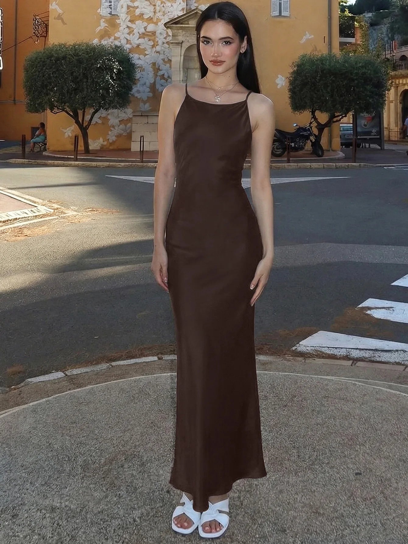 Sleeveless Backless Summer Maxi Dresses 2026 Woman Clothing Elegant Sexy Brown Party Dress