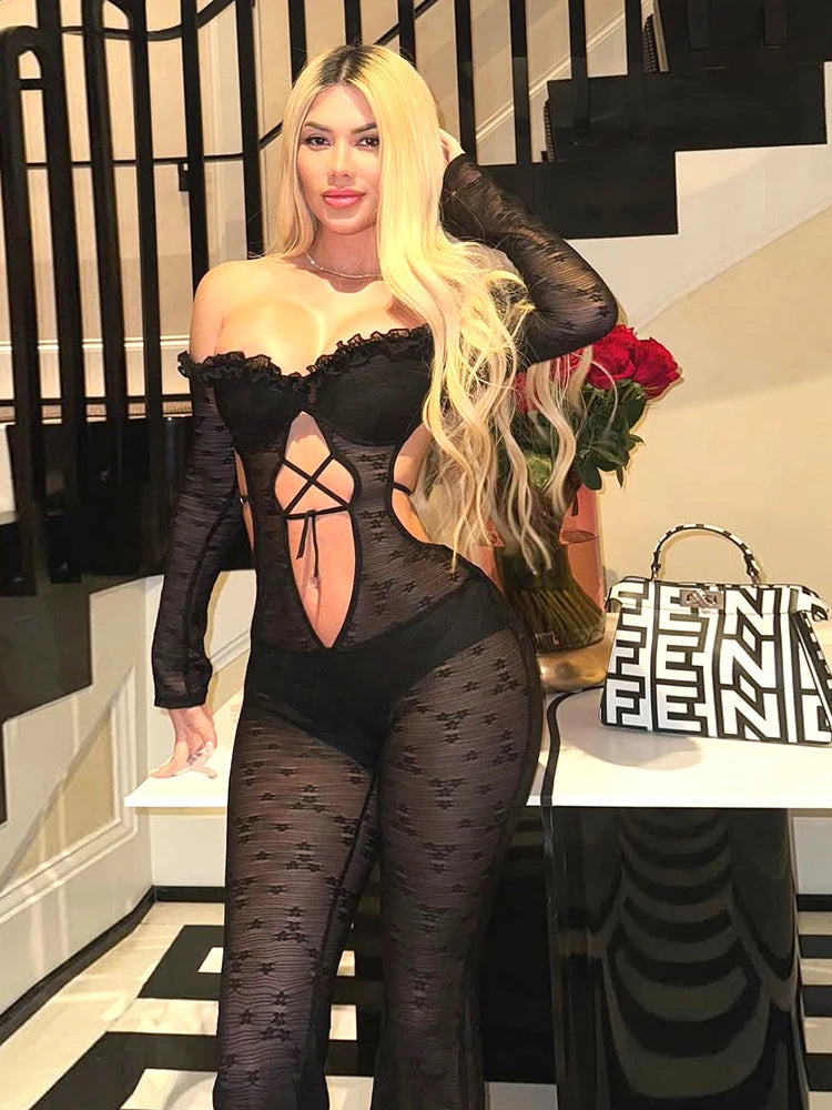 Sexy Hollow Women Jumpsuits Autumn Trend Off Shoulder Backless Full Sleeve Skinny Peach Hip Club Coquette Overalls