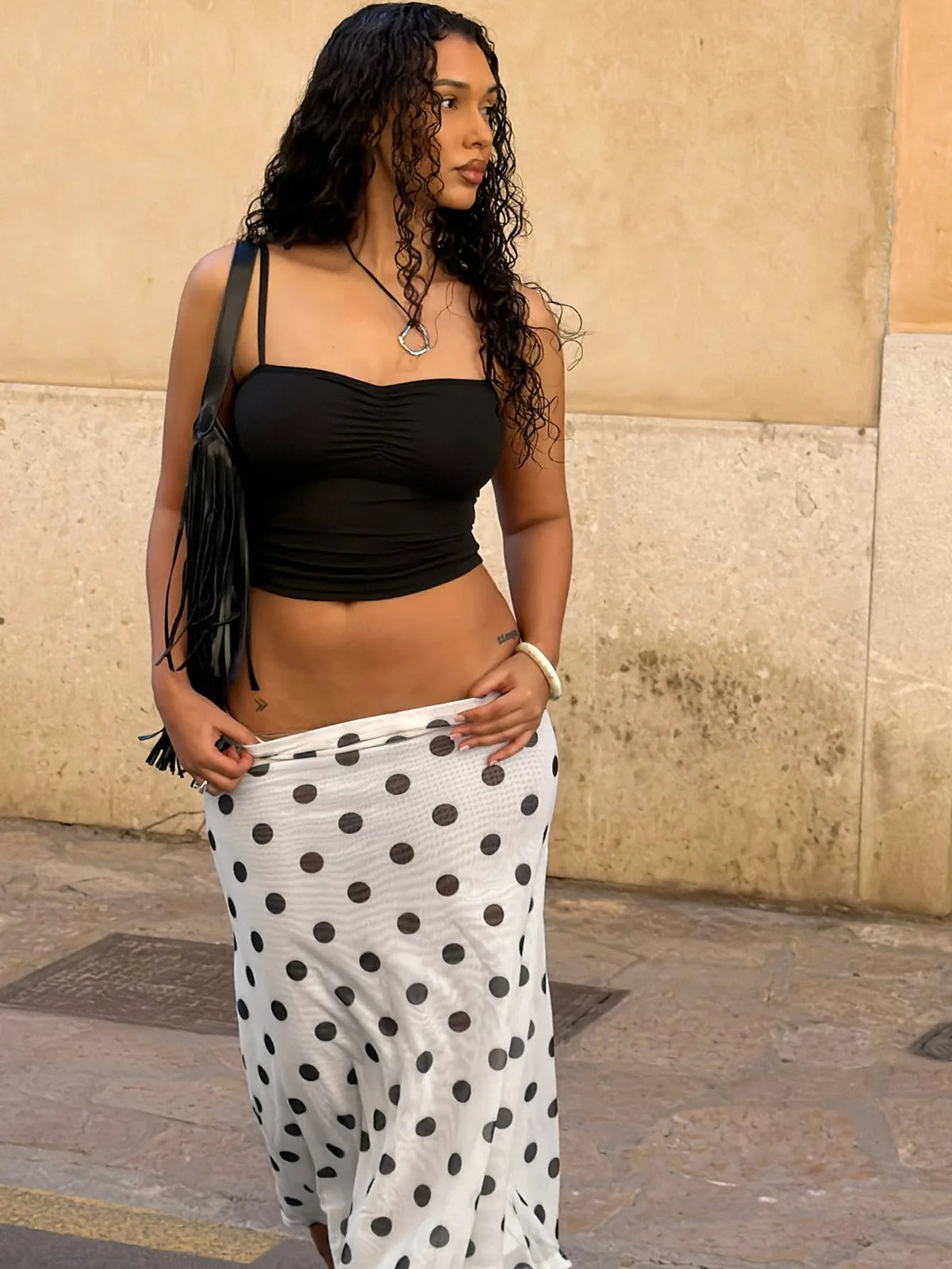 White Polka Dot Printed Midi Skirt Summer 2026 Ladies Skirts Elegant Vintage Woman Clothing