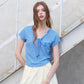 Women's Ribbed Knit T-Shirt with Tie V Neck, Sweet Short Sleeve Blue Tee for Summer, Mermaid Aesthetic Casual Top