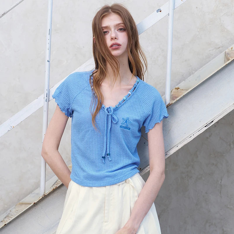 Women's Ribbed Knit T-Shirt with Tie V Neck, Sweet Short Sleeve Blue Tee for Summer, Mermaid Aesthetic Casual Top