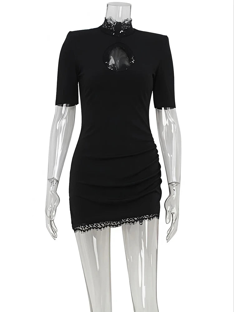 Lace Turtleneck Cut Out Sexy Mini Dress Women Gown Black Hollow Out Short Sleeve Skinny Club Party Dresses Female
