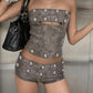 Tie-Dye Print Buttons Decoration 2-Piece Set Women Hollow Tank Top+Mini Short Skinny Hottie Midnight Sexy Wild Suit