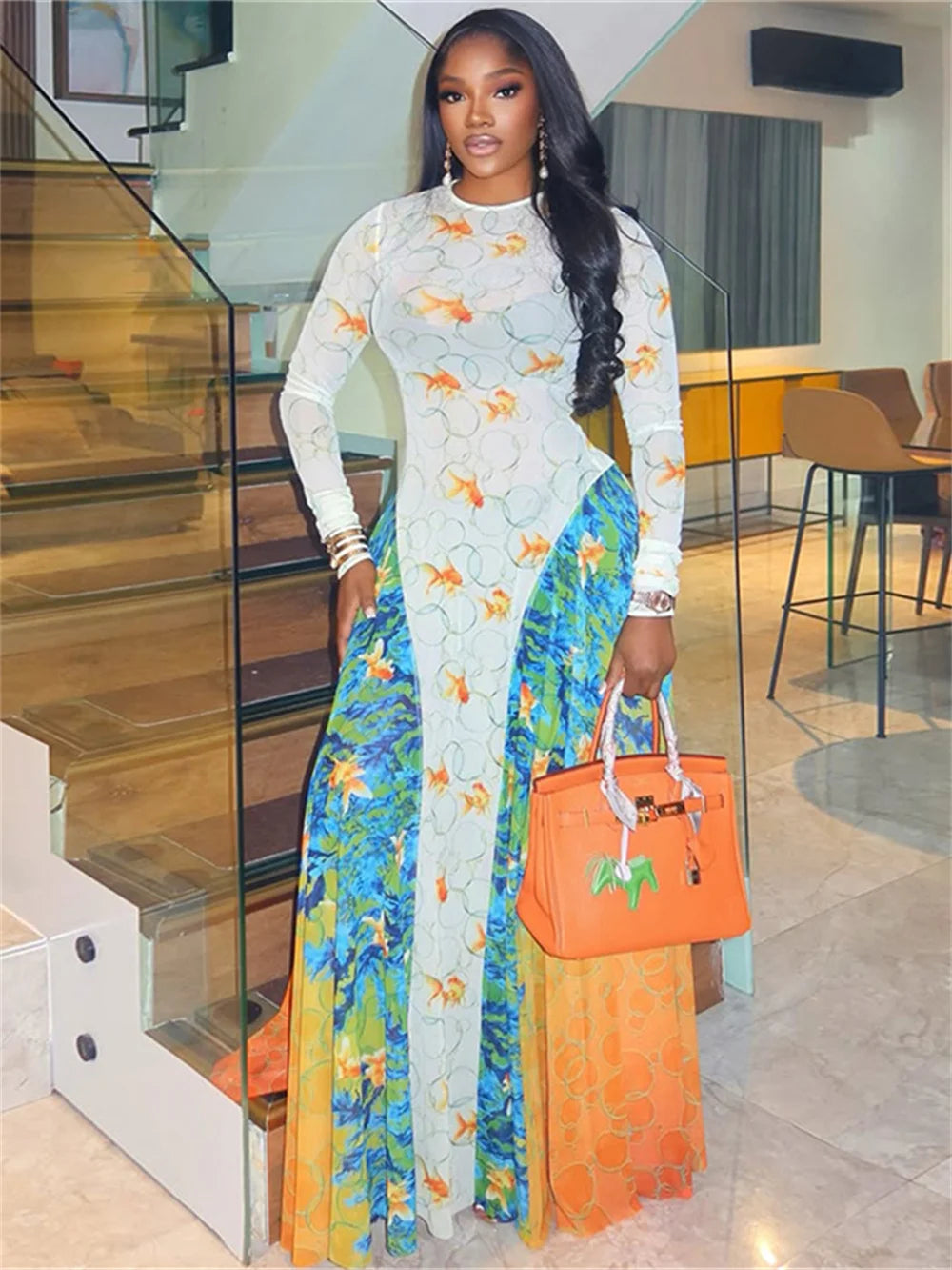 Goldfish Print Patchwork Dress Women Sexy See Through Long Sleeve Y2K Skinny Party Midnight Clubwear Party Vestidos