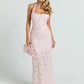 Women Halter Maxi Dress 3D Floral Sequin Mesh Mermaid Bodycon Long Dress Elegant Wedding Guest Bridesmaid Evening Gown