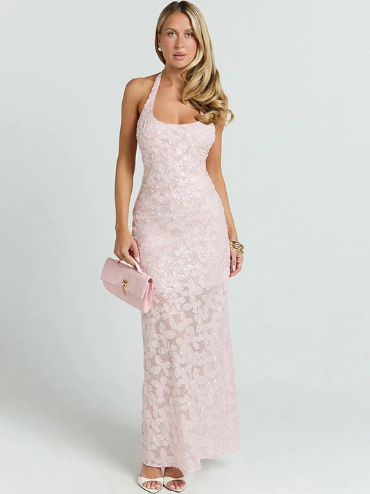 Women Halter Maxi Dress 3D Floral Sequin Mesh Mermaid Bodycon Long Dress Elegant Wedding Guest Bridesmaid Evening Gown