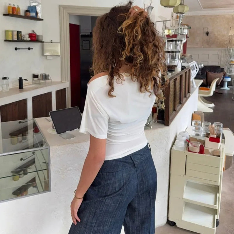 Off The Shoulder Short Sleeve Tops Casual Clothes for Woman Summer Solid Color T Shirts