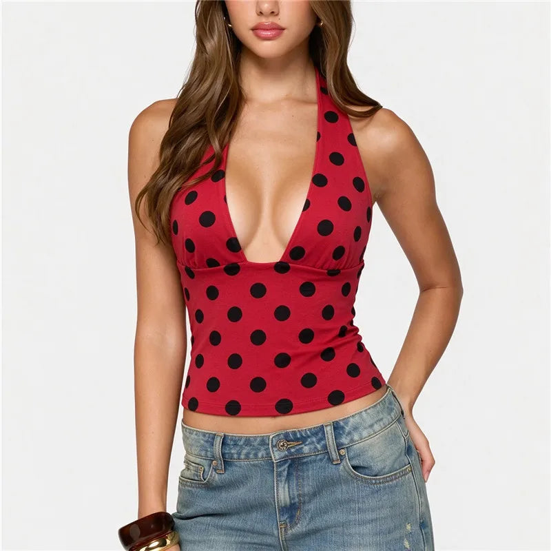 Women Polka Dot Halter Top Deep V Neck Sleeveless Backless Slim Fit Cropped Tank Top Vintage Y2K Summer Party Camisole