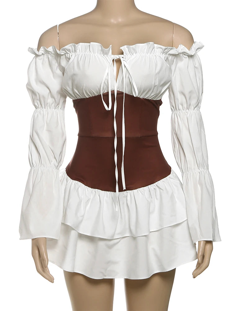 Sweet Patchwork Dress Women Lace Up Slash Neck Long Puff Sleeve Skinny Low Rise Tierred Strecth Elegant Mini Bodycon