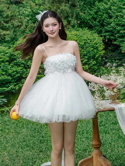 Puffy Hem Dress Women Feather Tassel Bow Decoration Sweet Style Fashion Summer Birthday Party Elegant Mini Bodycon
