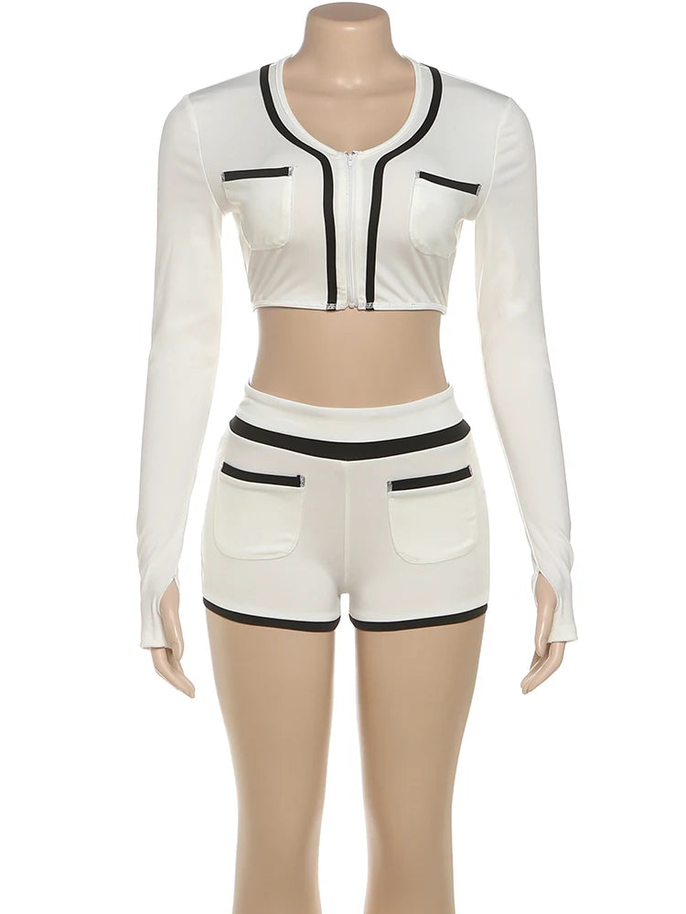 Pocket Tracksuit 2 Piece Set Woman Casual Zip Crop Tops+Shorts Matching Simple Sporty Matching Streetwear Outfits