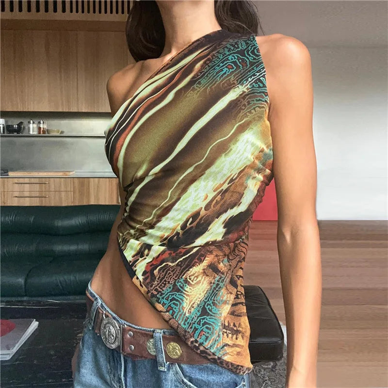 Abstract Print Tank Tops Y2k Tees Summer Clothing for Women Trendy Sexy Asymmetric One Shoulder Crop Top