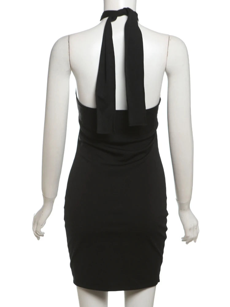 Pearl Buckle Halter Dress Women Y2K Sexy Summer Backless Bandage Simple Classic Stretch Solid Midnight Party Bodycon