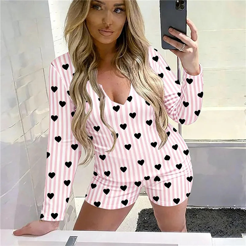 Women Romper Overall Slim Fit Love Heart Print V Neck Long Sleeve Playsuits Sexy Bodysuit Pajama for Valentines Day