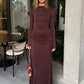 Women Long Sleeve Boat Neck Sexy Maxi Dress Draped Ruched Waist High Split Bodycon Formal Evening Party Long Dress