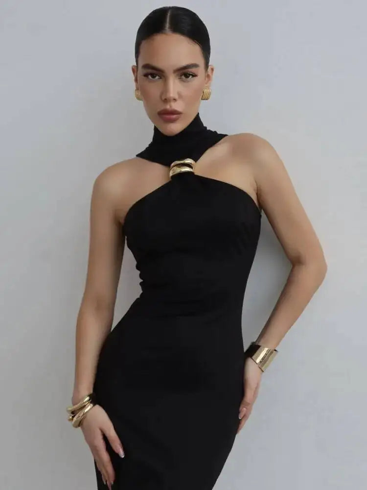 Turtleneck Off-shoulder Sexy Maxi Dress Women Gown Summer New Ring Metal Sleeveless Backless Skinny Knit Long Dress