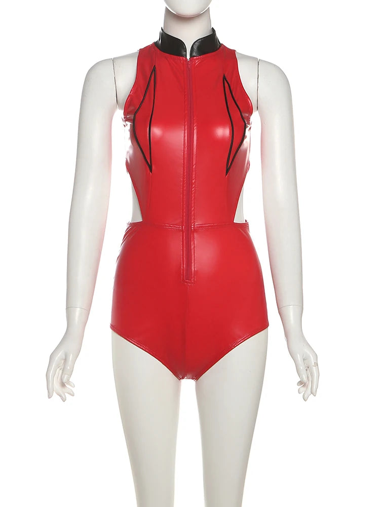 Hipster 2-Piece Set Women Zip Leather Waistless Skinny Bodysuit+Irregular Print Skirts Matching Music Festivals Suit