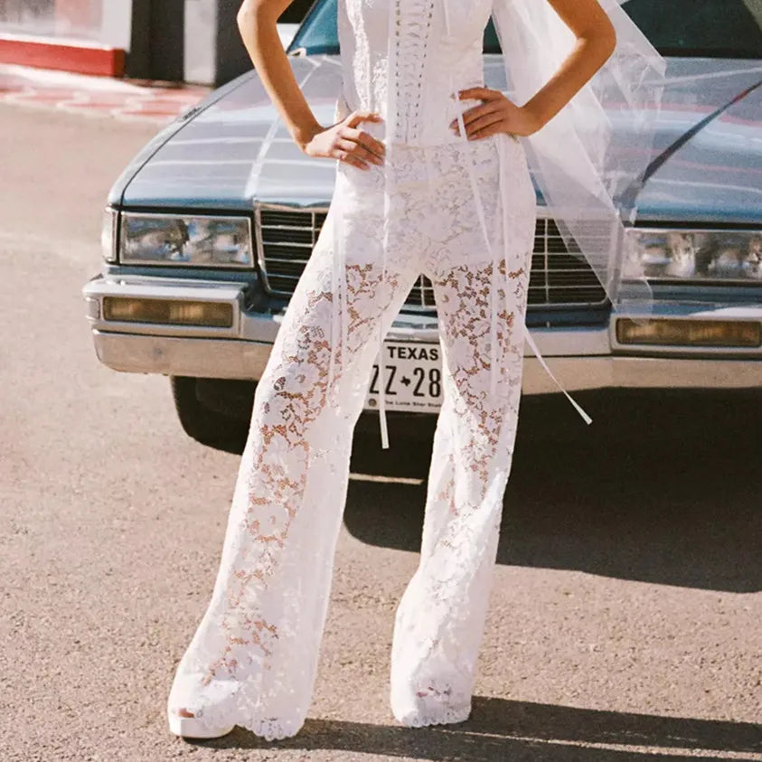 Lace Bell Bottom Pants for Women Sexy See Through Flare Leggings Hollow Out Mesh Sheer Cover Up Trousers