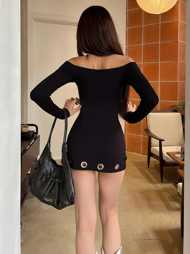 Metal Ring Hollow Dress Women Slash Neck Full Sleeve Slim Stretch Sexy Party Music Festival Skinny Midnight Mini Bodycon