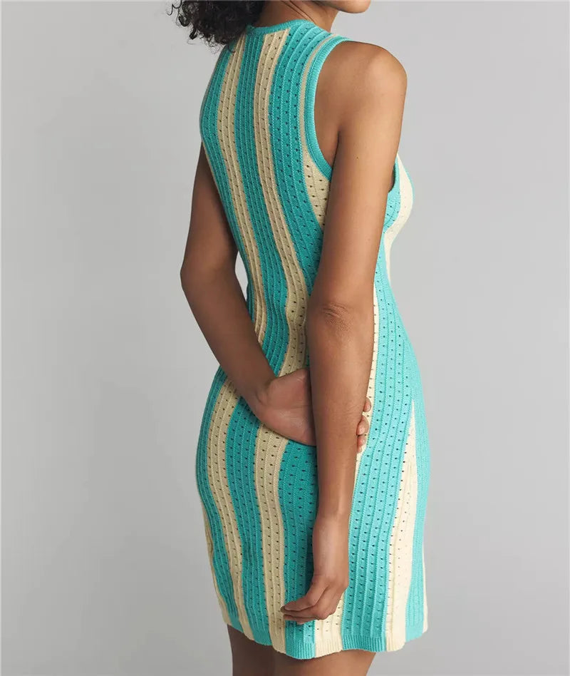 Women Y2K Sleeveless Knit Mini Dress Contrast Striped Hollow Out Ribbed Bodycon Crew Neck Casual Summer Streetwear