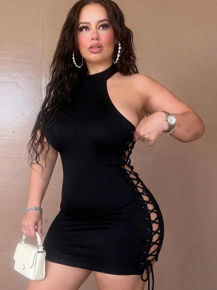 Sexy Backless Halter Dress Women Shirring Elegant Hottie Skinny Peach Hip Beach Vacation Street Clubwear Mini Bodycon